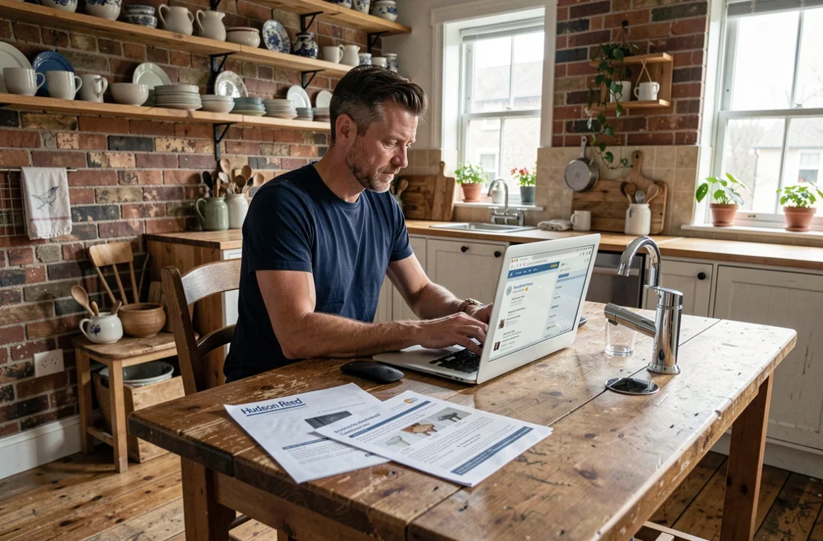 Homme consultant des avis clients Hudson Reed sur un forum en ligne à une table de cuisine