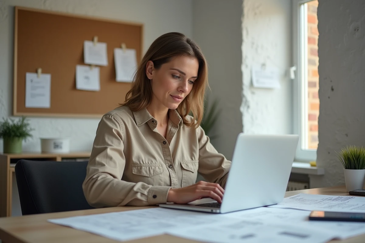 Contractrice professionnelle consulte plans dans bureau moderne