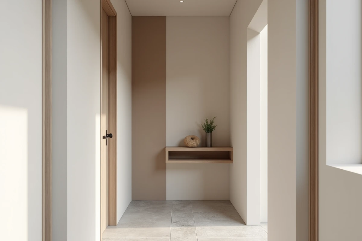 Couloir d'entrée étroit en greige avec bande verticale taupe peinte au mur pour créer une illusion de hauteur dans un espace moderne