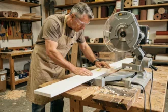 Artisan réalisant une coupe à 45 degrés sur une plinthe en MDF avec une scie à onglet dans un atelier de menuiserie