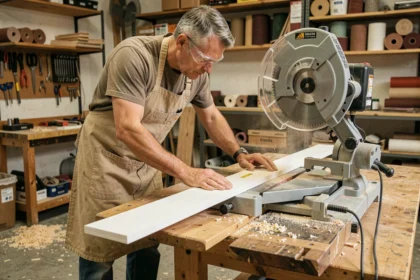 Artisan réalisant une coupe à 45 degrés sur une plinthe en MDF avec une scie à onglet dans un atelier de menuiserie