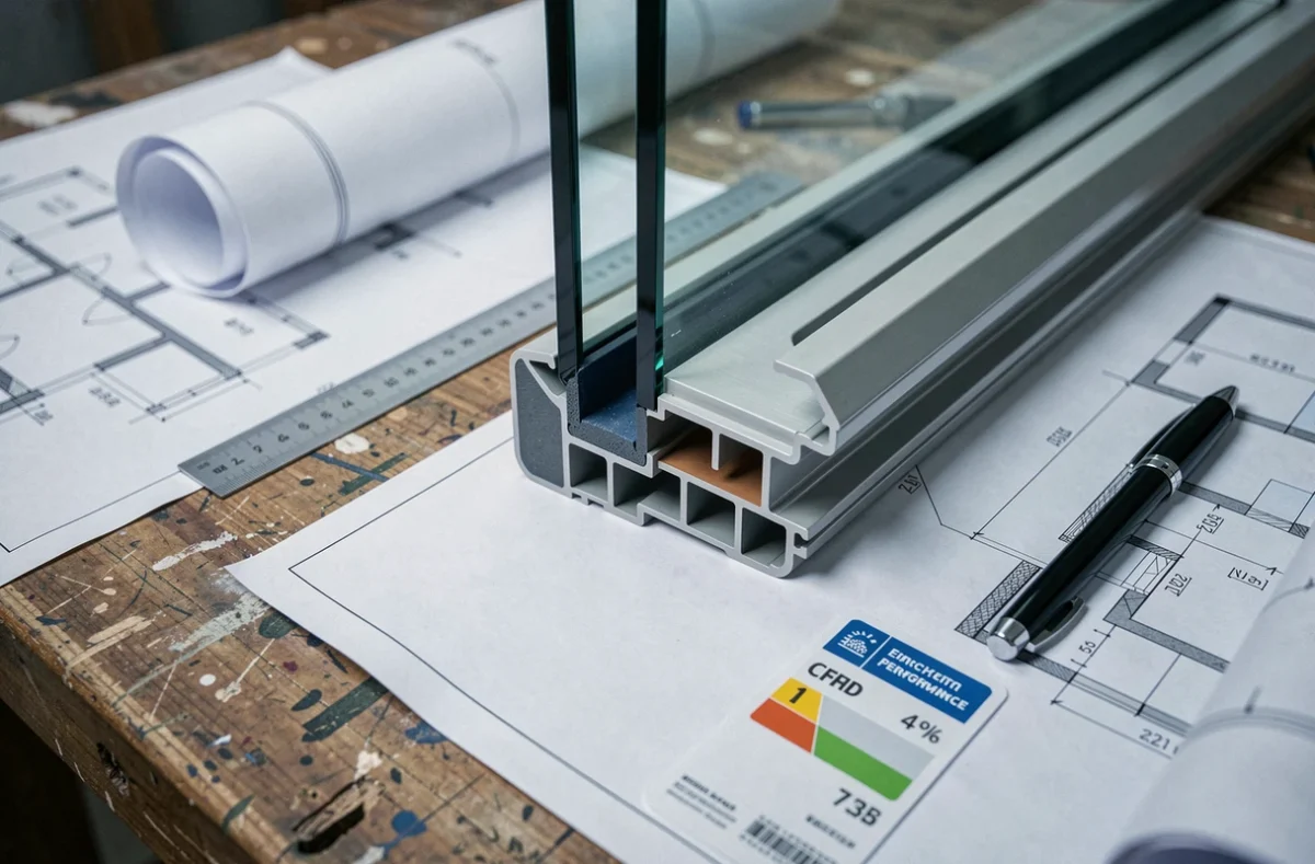 Coupe transversale d'un double vitrage posée sur des plans techniques pour estimer le coût d'une mise en conformité