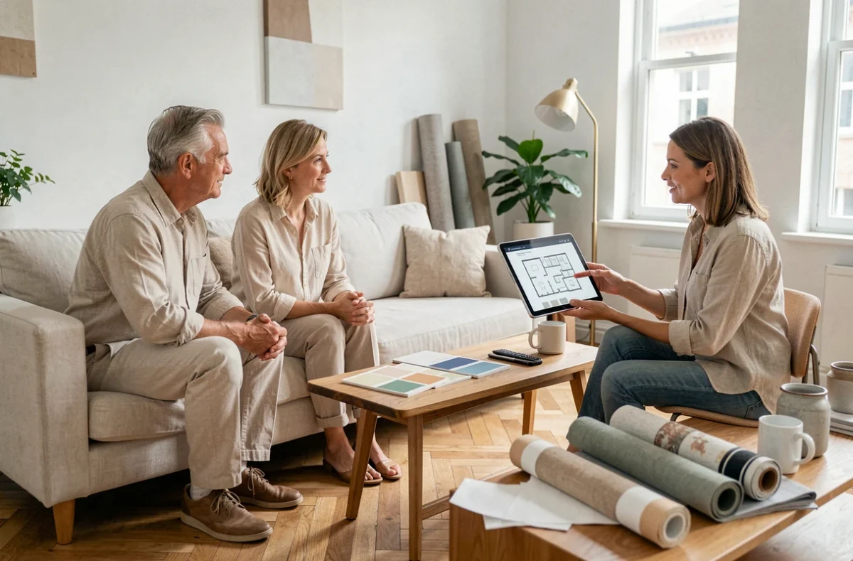 Couple discutant de leur projet d'aménagement intérieur avec un conseiller dans un espace de consultation lumineux