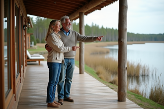Couple d'âge moyen sur terrasse en bois regardant le lac