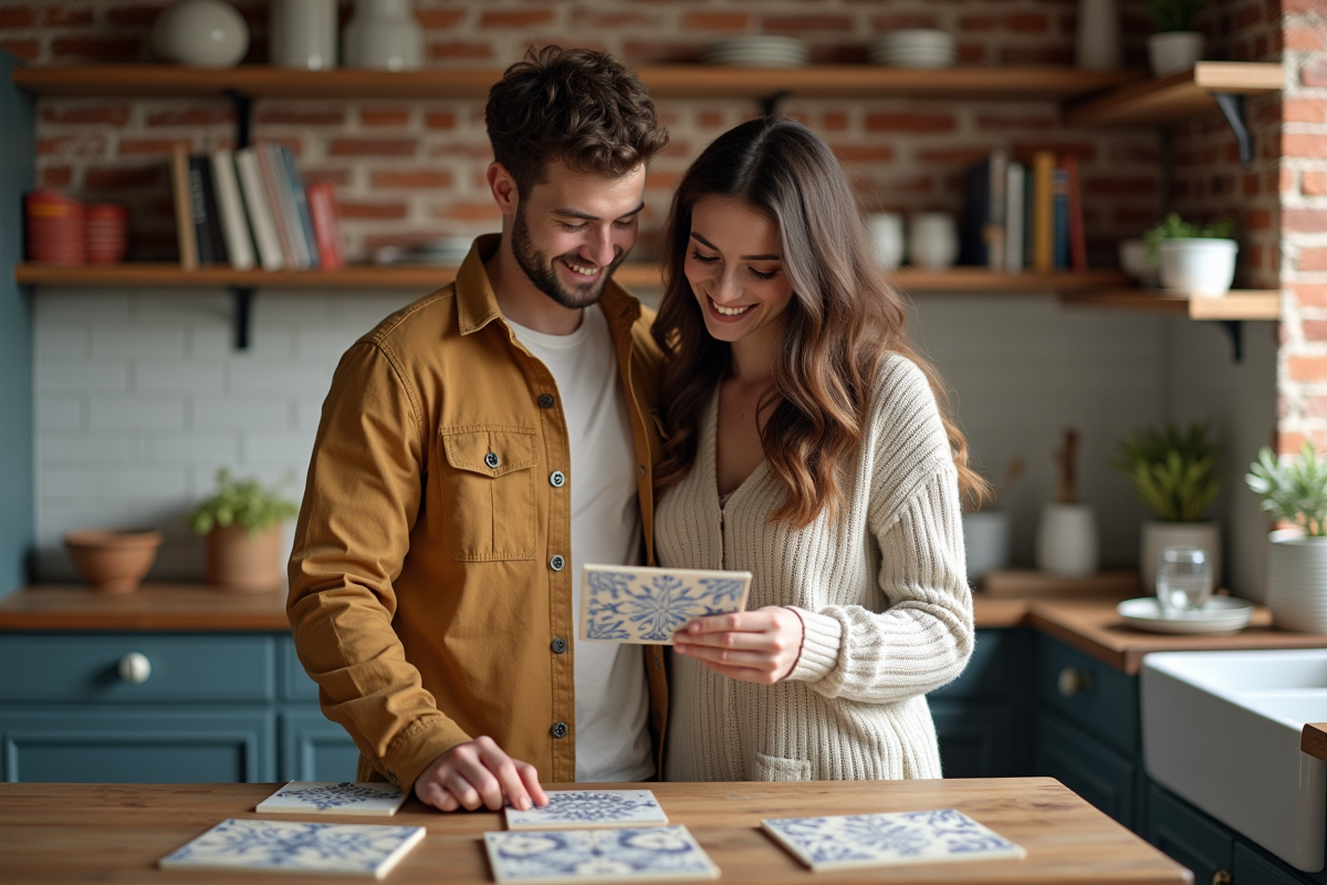 Jeune couple discutant de carrelage mural dans une cuisine chaleureuse