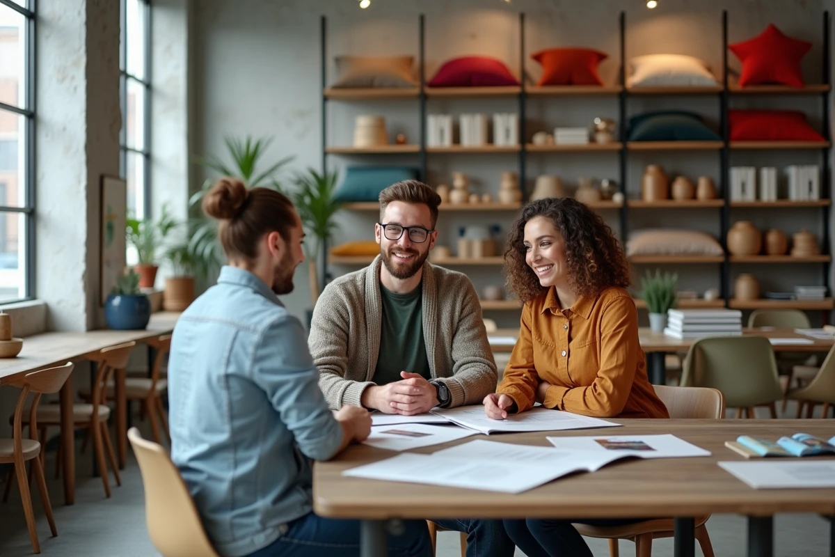 Jeune couple discutant avec un vendeur dans un showroom de meubles