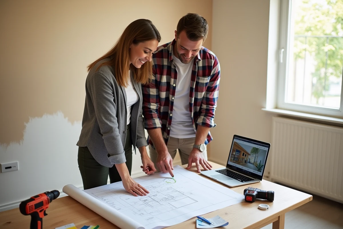 Couple planifiant des travaux de rénovation intérieure avec plans et outils sur une table