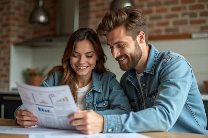 Jeune couple examine devis de renovation dans appartement lumineux