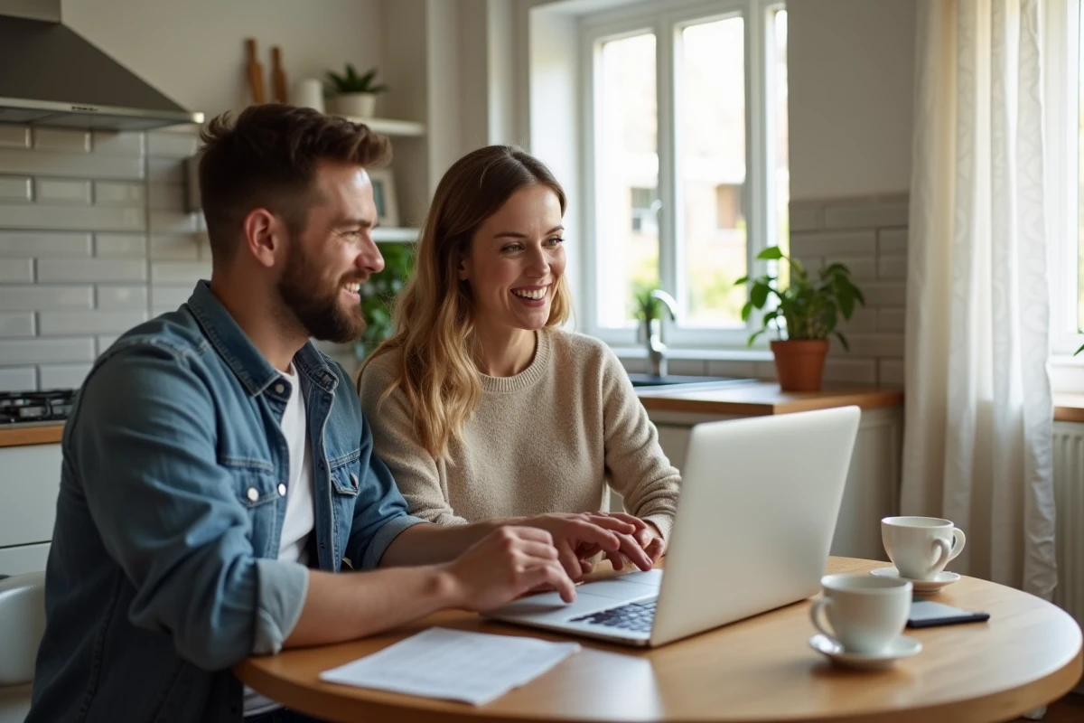 Un couple examine ensemble le suivi budgétaire de leur projet de rénovation sur un ordinateur portable à la table de cuisine