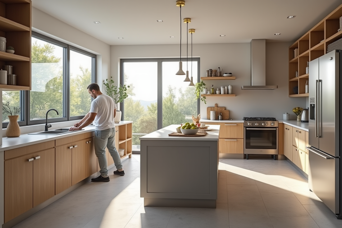Cuisine moderne en rénovation avec ouvriers et outils