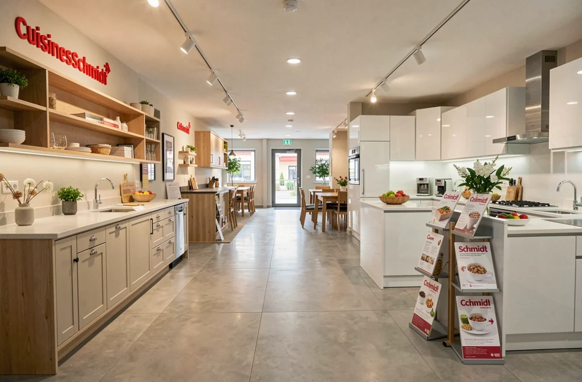 Showroom Cuisines Schmidt à Rodez en Aveyron avec plusieurs modèles de cuisines exposés