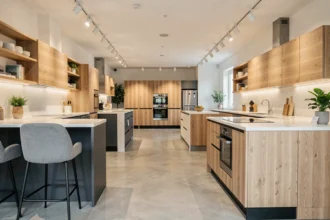 Showroom de cuisinistes dans l'Aveyron présentant plusieurs modèles de cuisines modernes