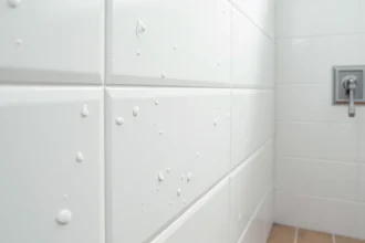 Gros plan sur une dalle PVC murale étanche avec joints imbriqués et gouttes d'eau sur la surface dans une douche moderne