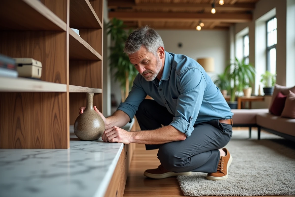 Decorateur posant vase en loft avec mobilier artisanal