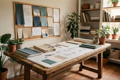 Studio de décoration d'intérieur en Bretagne avec planches d'ambiance, échantillons de matériaux et dessins architecturaux sur une grande table en bois