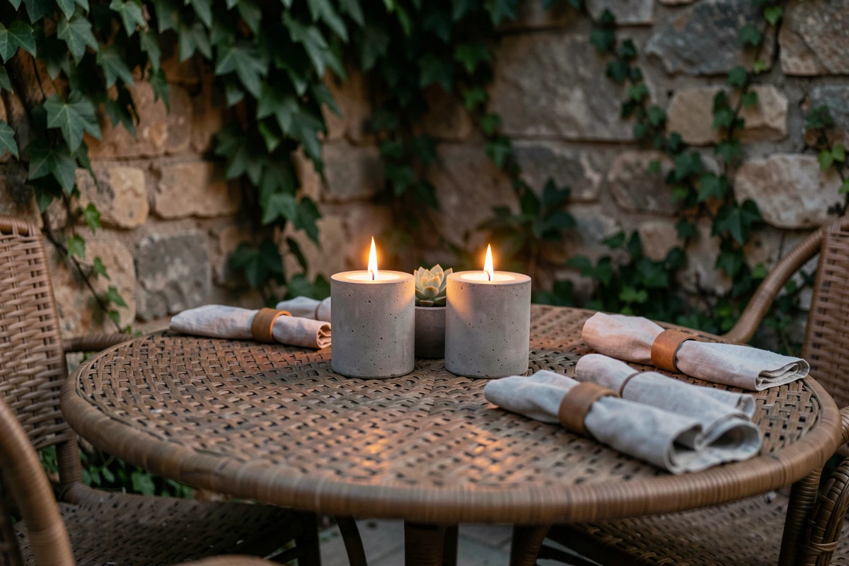 Décoration de table extérieure terrasse avec bougies fausse flamme en béton et plantes succulentes au crépuscule