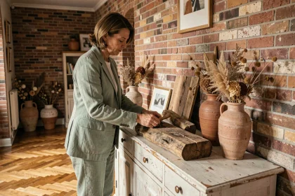 Décoratrice d'intérieur arrangeant des objets en bois recyclé dans un appartement lillois au style responsable et artisanal