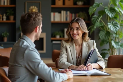 Decoratrice d interieur avec couple dans appartement parisien