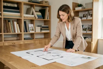Designer intérieure consultant un plan d'aménagement sur une table en bois dans un bureau professionnel moderne