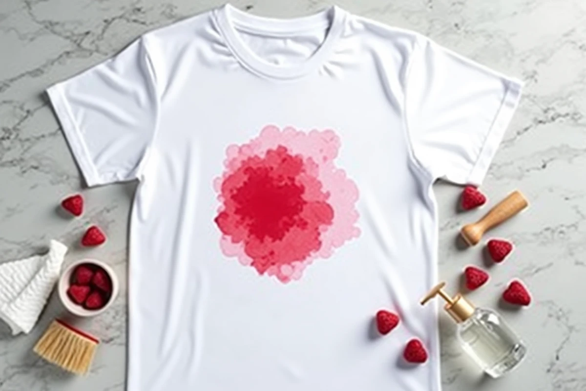Vue de dessus d'une tache de framboise sur un t-shirt blanc avec produits de détachage sur marbre