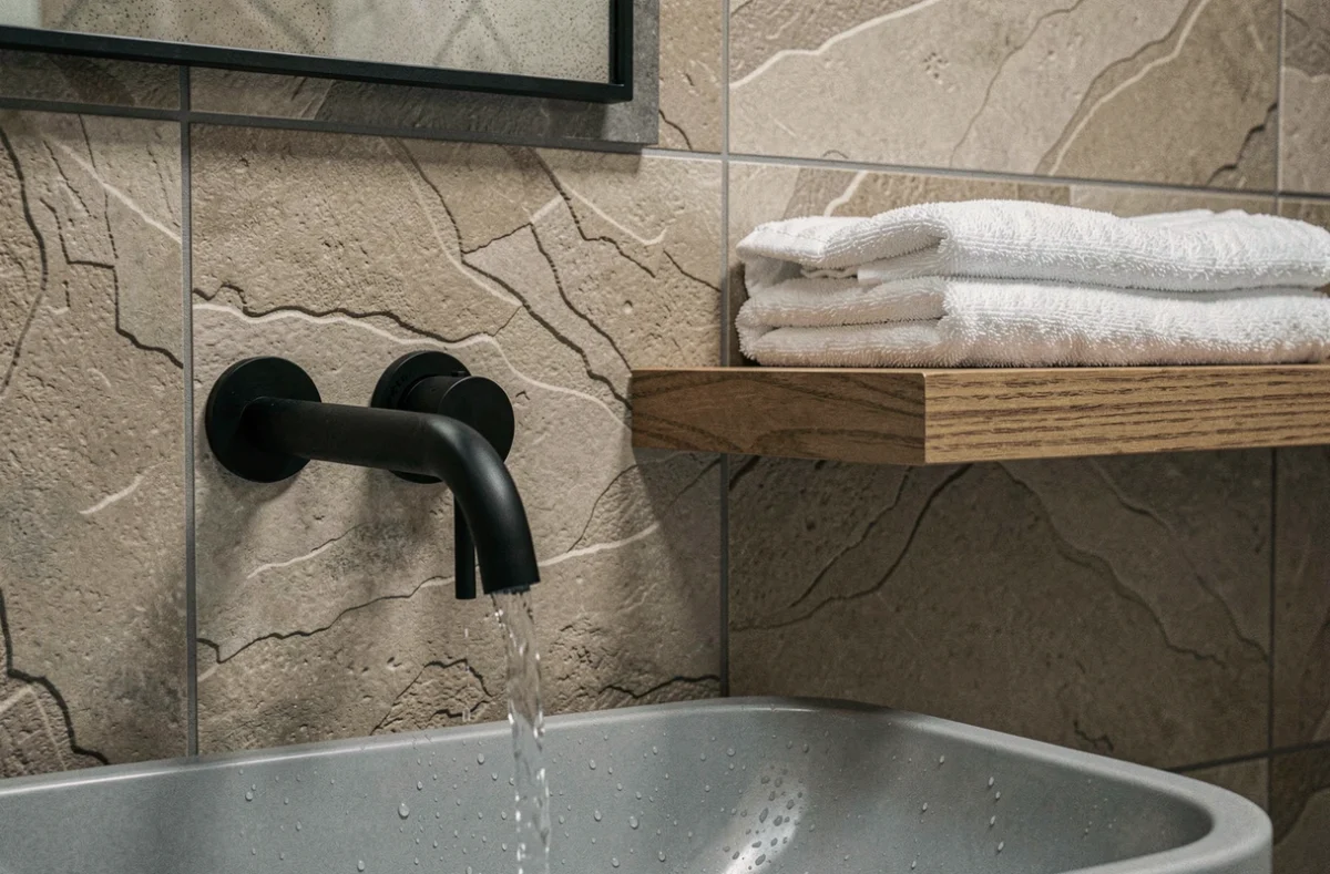 Détail de dalle murale PVC effet pierre beige dans une salle de bain avec robinet noir mat et vasque à poser
