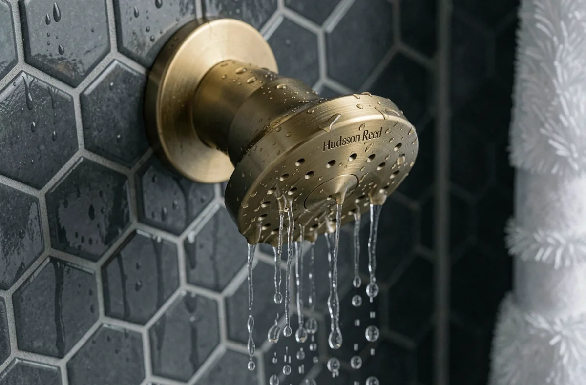 Gros plan d'une douchette Hudson Reed en laiton brossé avec gouttes d'eau sur carrelage mosaïque anthracite