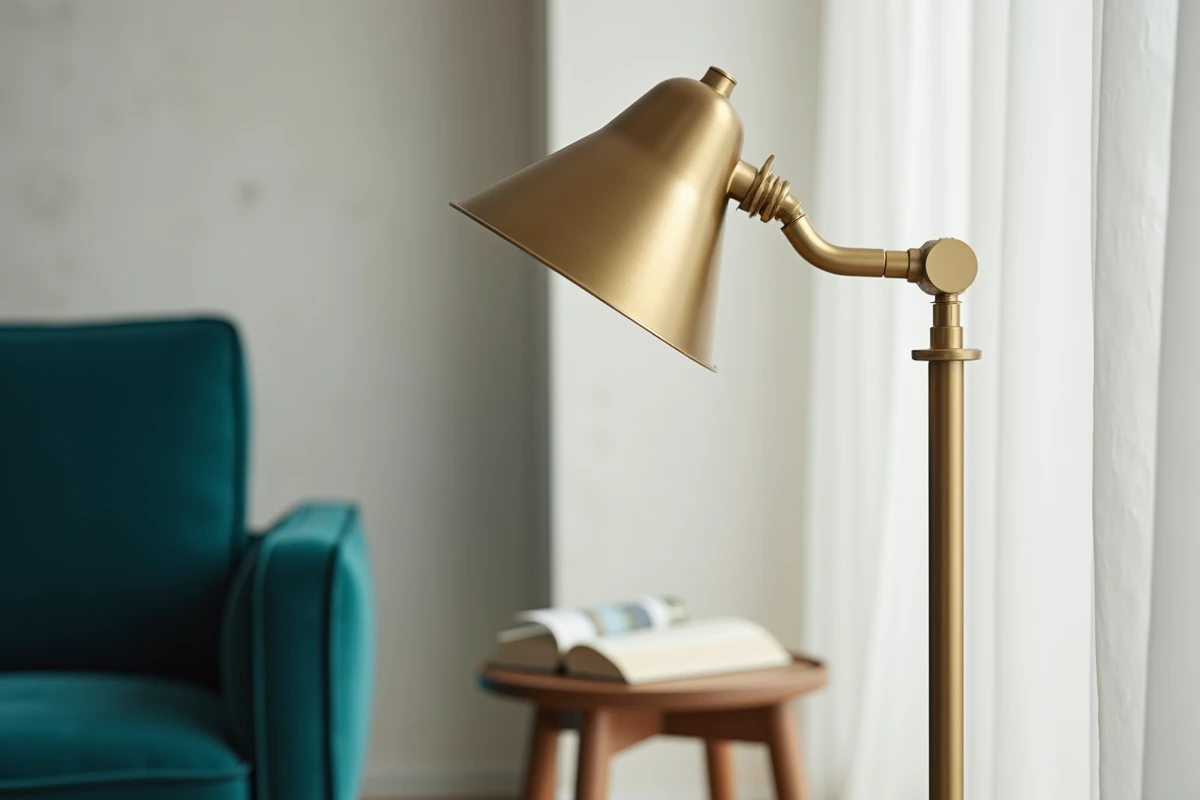Détail de la tête d'une lampe halogène sur pied en laiton brossé avec bras articulé dans un intérieur minimaliste