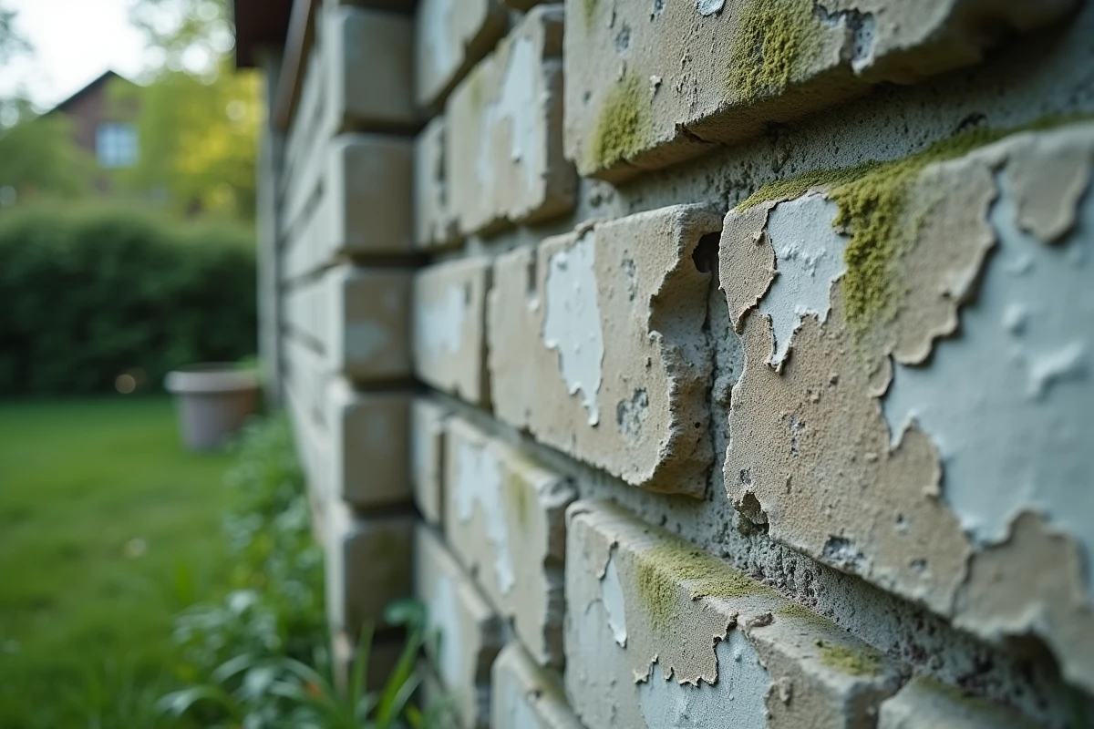 Gros plan sur un mur en parpaing ancien avec traces d'humidité, efflorescence et joints de mortier dégradés