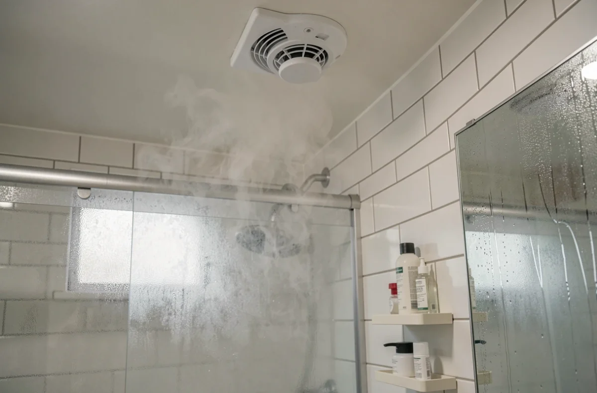 Détecteur de fumée au plafond dans une salle de bain embuée après une douche