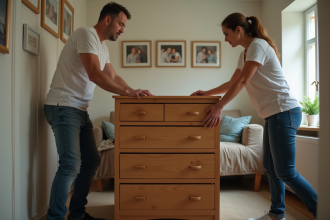 Homme et femme déplacent un meuble dans un couloir