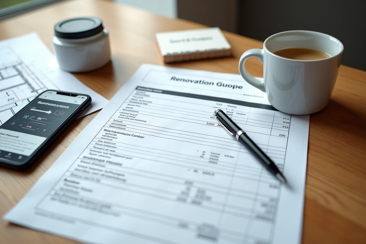 Vue de dessus d'un devis de rénovation détaillé avec smartphone et notes manuscrites sur un bureau