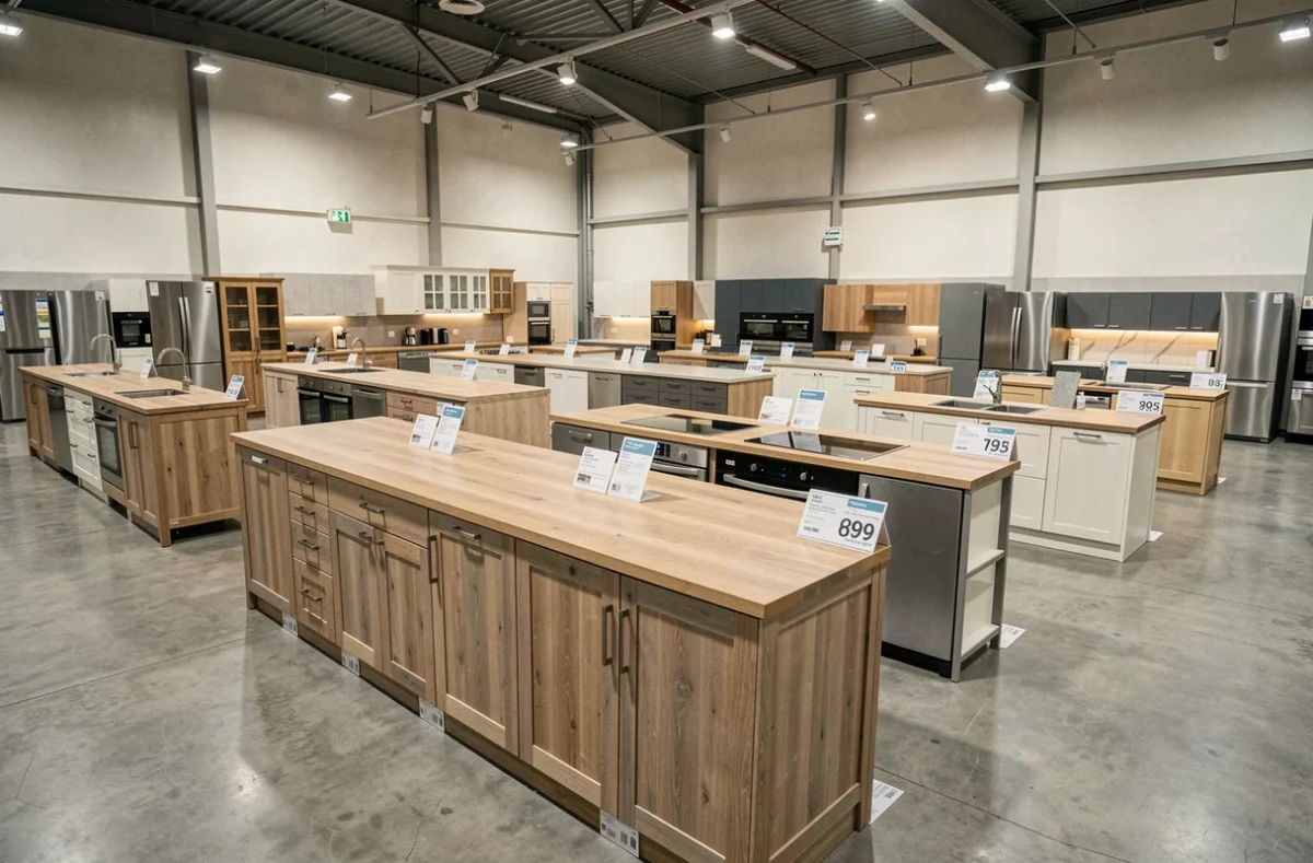 Intérieur du magasin Distri Menuiserie en Aveyron avec large gamme de cuisines exposées