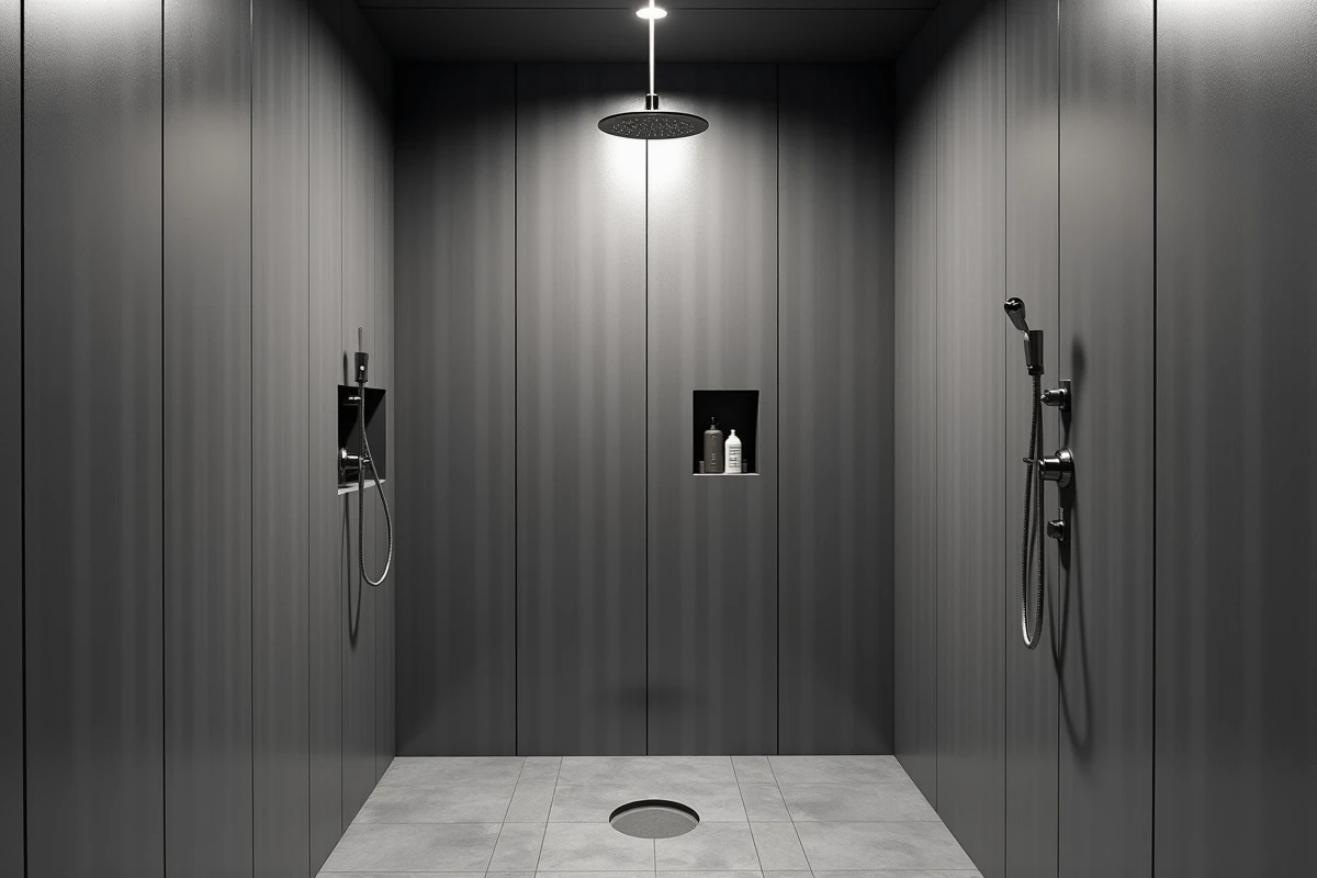 Douche à l'italienne avec dalles PVC anthracite du sol au plafond et niche de rangement encastrée dans une salle de bain contemporaine