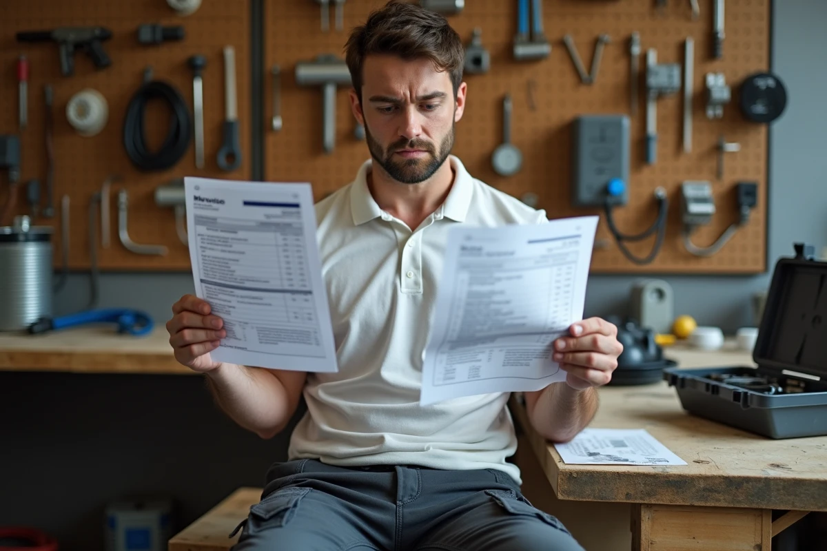 Électricien comparant une facture et un plan d'installation dans un atelier, découvrant une erreur coûteuse après travaux