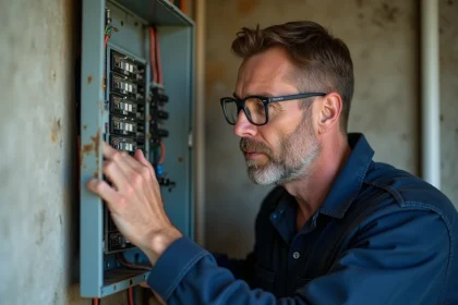Électricien inspectant une ancienne goulotte pour tableau électrique fissuree dans une salle de distribution résidentielle