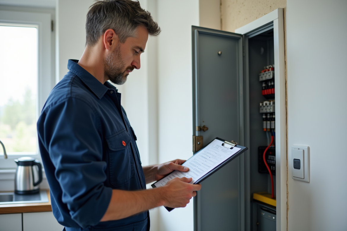 Électricien vérifiant un panneau électrique dans une cuisine moderne