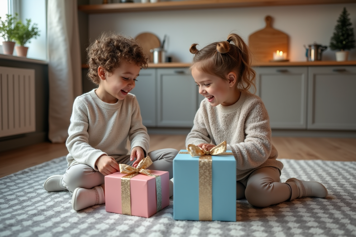 Enfants riant en emballant des cadeaux dans la cuisine moderne
