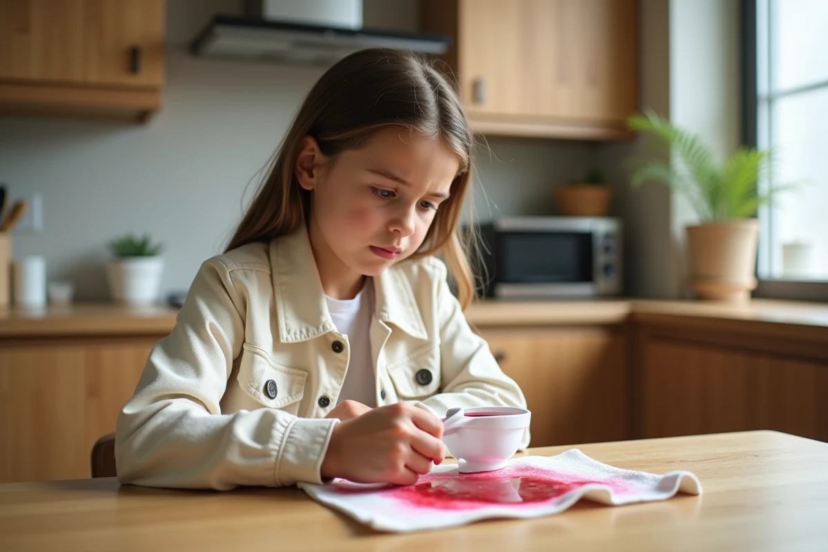 Jeune fille tentant d'enlever une tache de framboise sur une veste claire à la maison