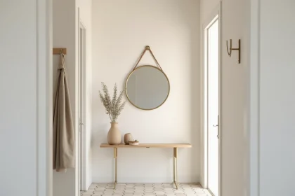 Entrée étroite aux murs blancs chaleureux avec console bois, miroir rond laiton et carrelage hexagonal clair pour agrandir visuellement l'espace