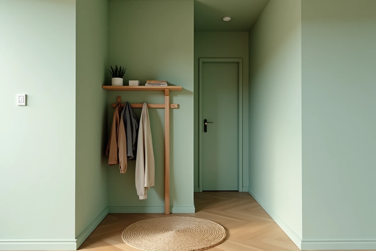 Petite entrée au plafond bas peinte en vert sauge monochrome avec parquet clair et porte-manteau bois pour un effet d'agrandissement visuel