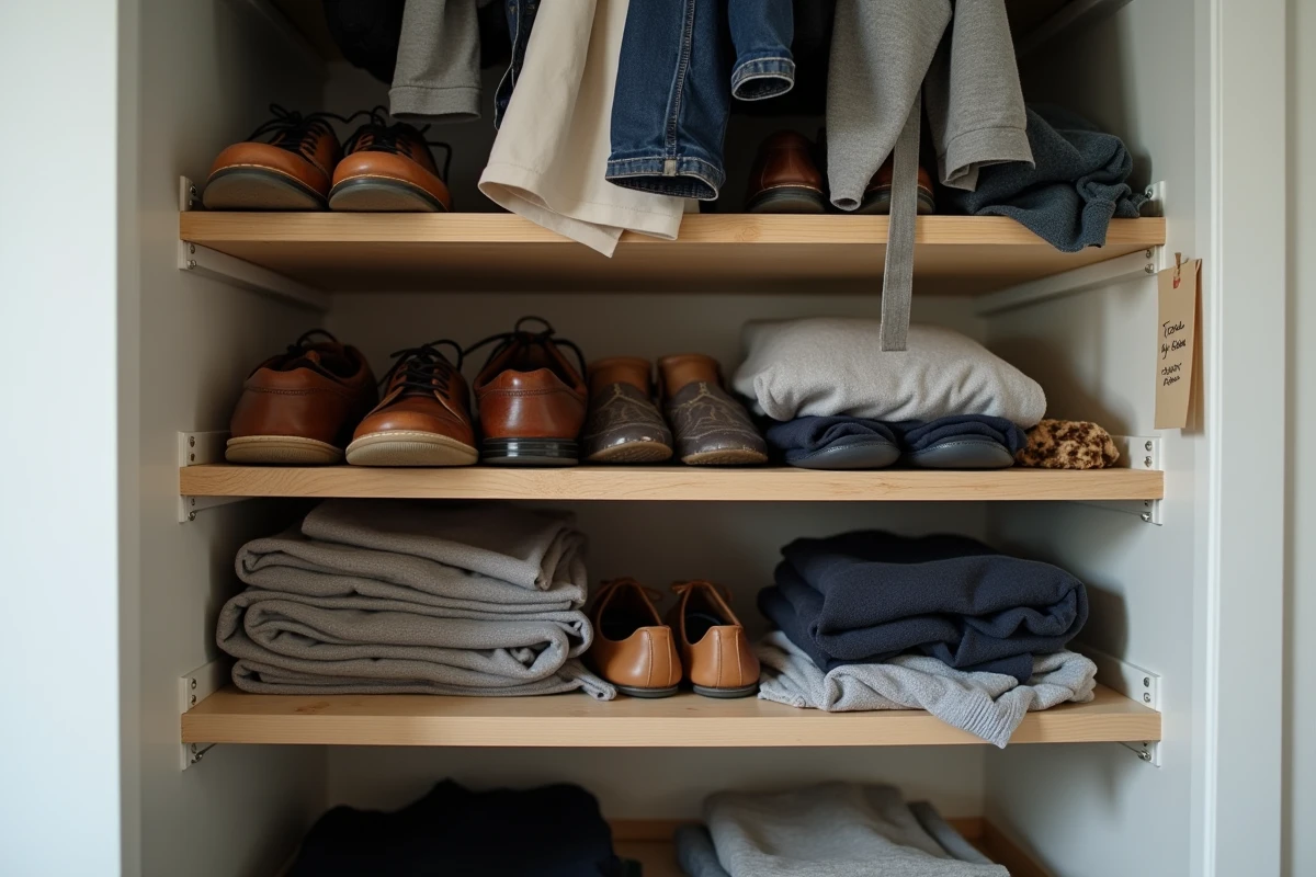 Détail d'une penderie ouverte mal rangée avec chaussures entassées, ceintures emmêlées et compartiments surchargés illustrant les erreurs de rangement courantes