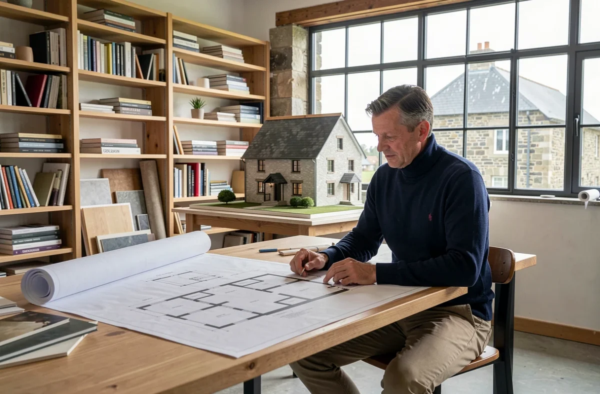 Architecte d'intérieur Erwan Le Menn dans son studio de Landerneau examinant des plans architecturaux