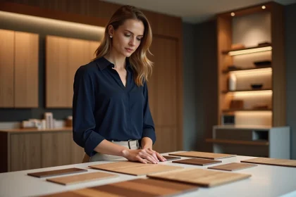 Femme examine echantillons de placage bois modernes