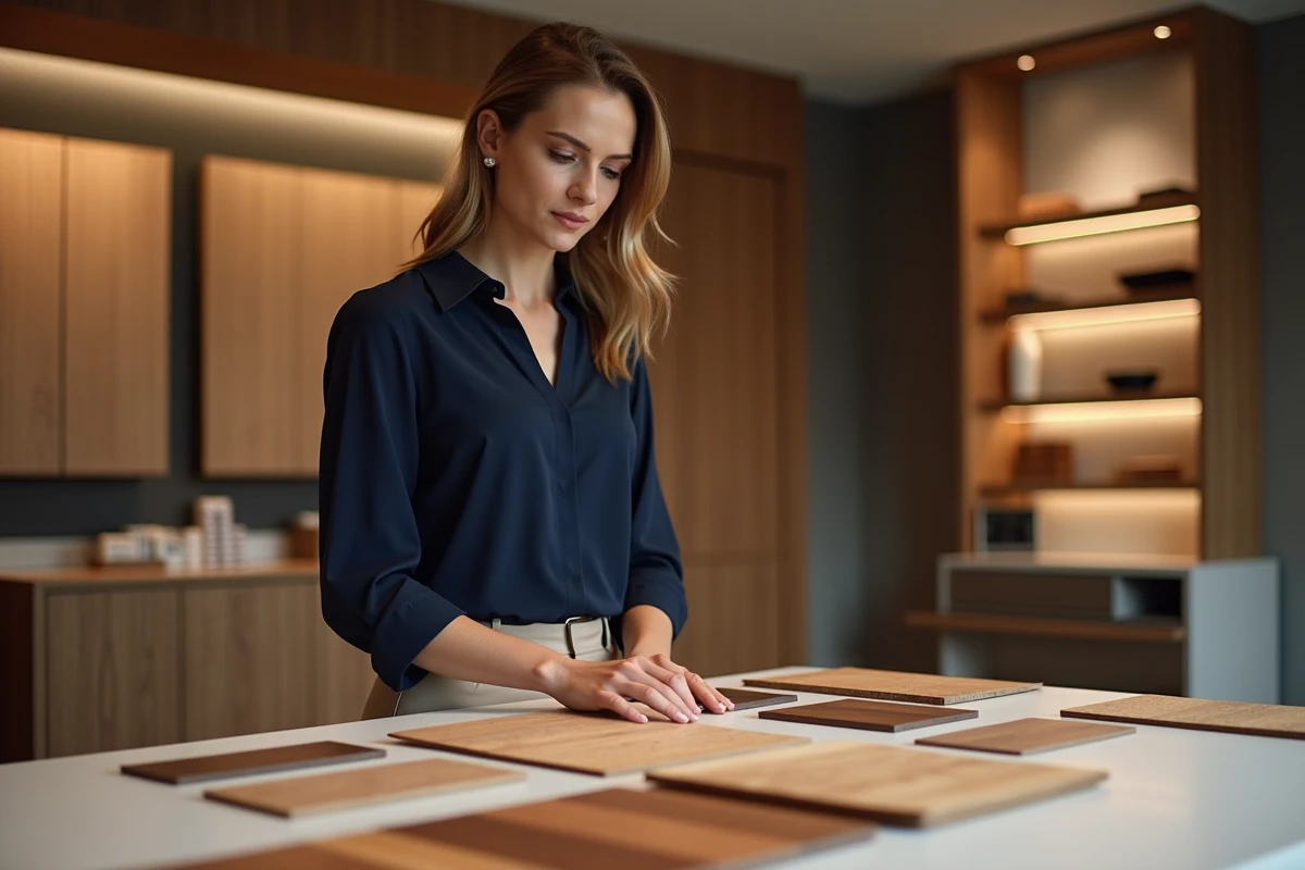 Femme examine echantillons de placage bois modernes
