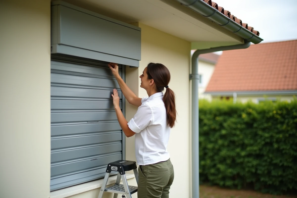 Femme examinant le moteur d'un volet roulant Bubendorff bloqué fermé sur une façade de maison
