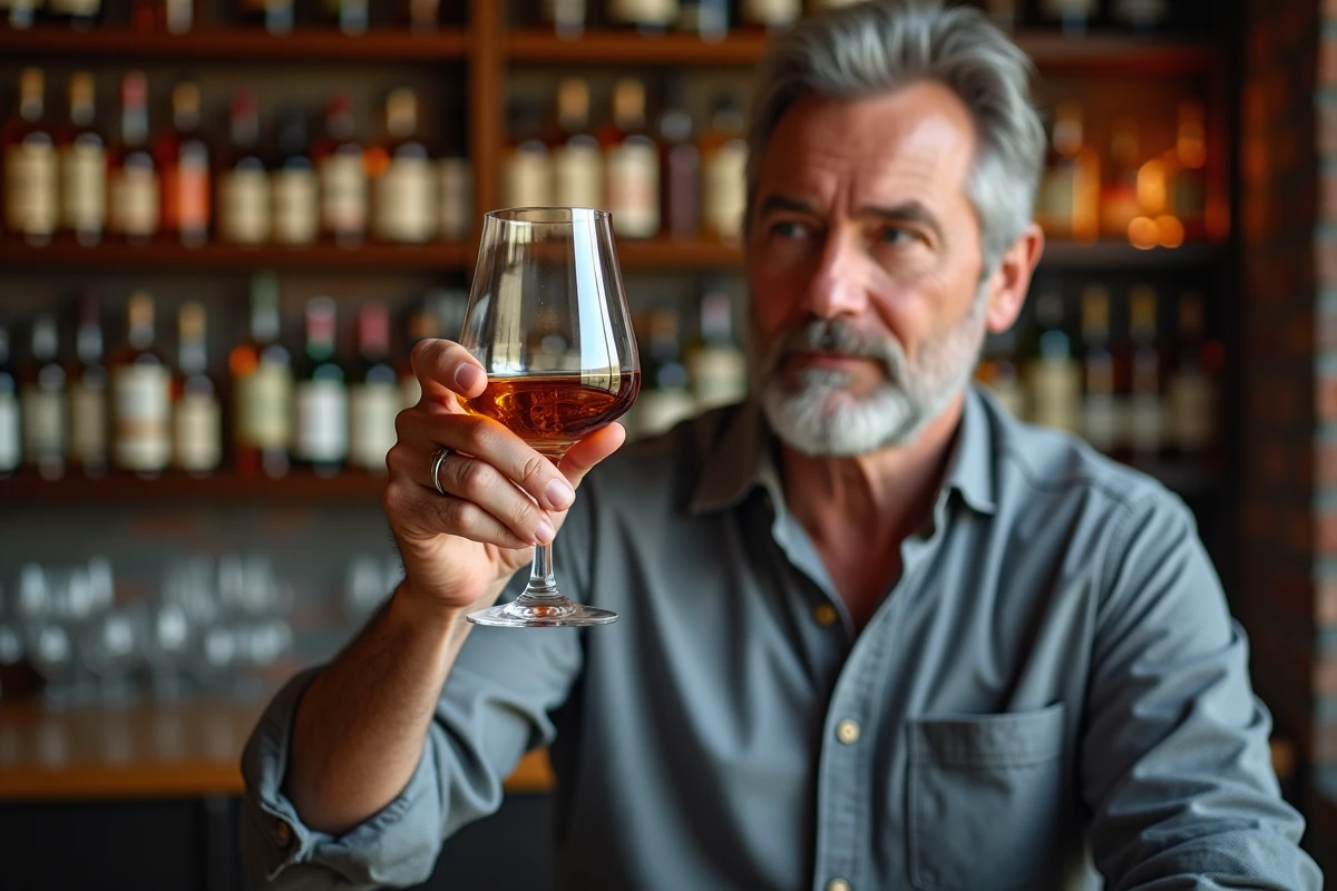 Sommelier expert en dégustation de whisky tenant un verre en cristal à hauteur des yeux dans une salle de dégustation contemporaine