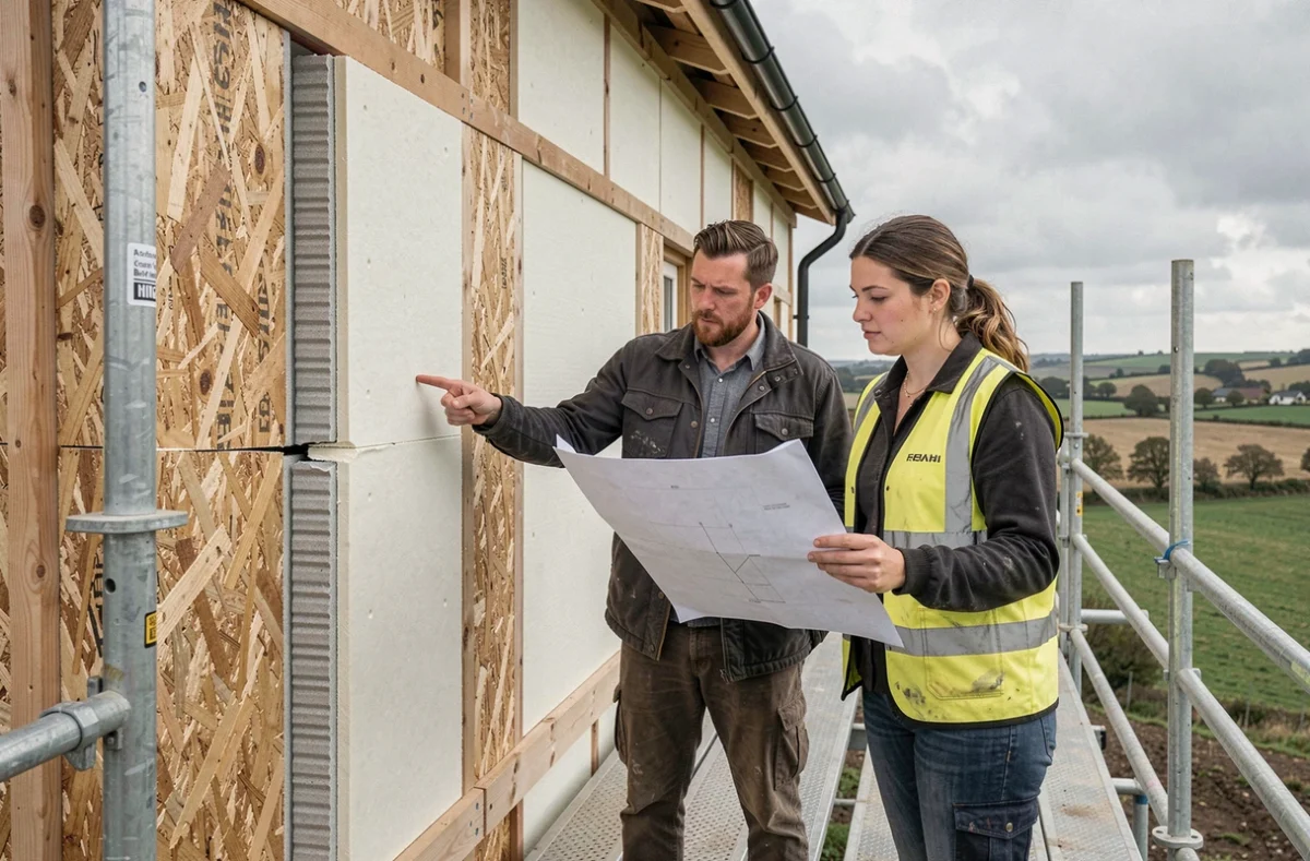 Deux autoconstructeurs sur un échafaudage vérifiant les plans face à une pose incorrecte d'isolant extérieur, erreurs fréquentes Effi 65