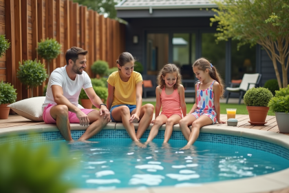 Famille heureuse décorant la piscine extérieure en été