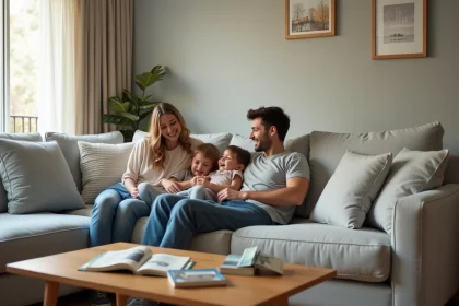 Famille avec enfants installée sur un grand canapé d'angle en tissu gris clair dans un salon familial chaleureux