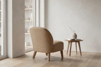 Fauteuil design scandinave en bouclé taupe placé près d'une fenêtre dans un salon minimaliste aux murs blancs et parquet chêne clair